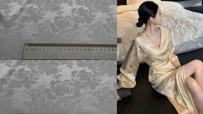 Close-up view of silk jacquard fabric with an intricate floral design, showcasing fine texture.