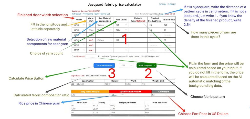 Woven Jacquard Fabric Price Calculator interface showing fabric width selection, yarn count, raw material composition, repeat length input, and price calculation results for greige, dyed, and FOB prices.