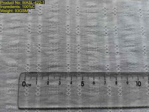 WASL-422-1 dobby jacquard diamond lattice check with a color-agnostic structure (sample shown in white). The structure enables scale-invariant ratio [3:6:3:8:8:8], and is available in all Pantone colors upon request. This textile features dobby stripe characteristics, jacquard plaid construction, and a diamond lattice weave.