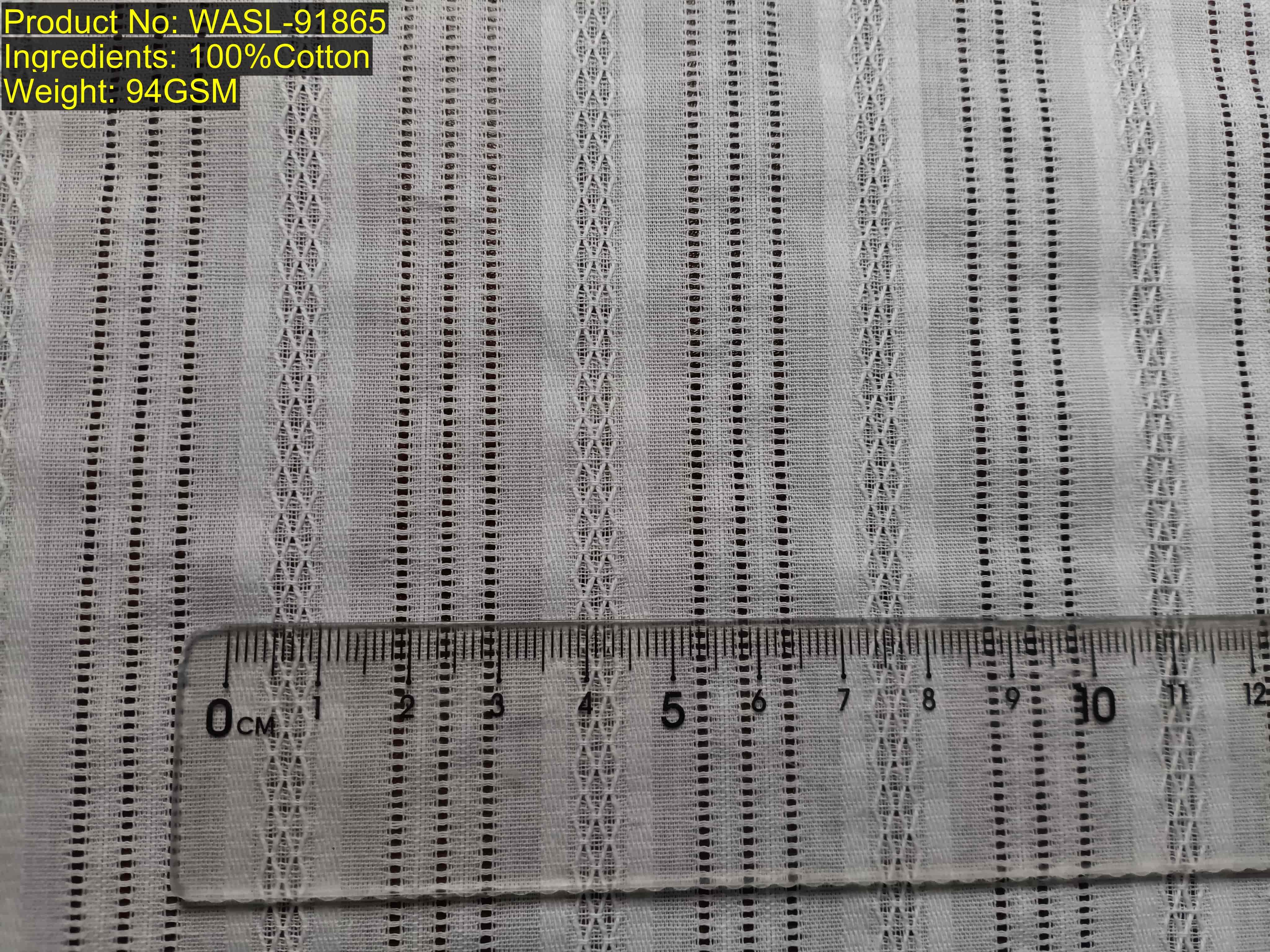 WASL-91865 vertical stripe openwork dobby jacquard fabric, Color-agnostic structure (Sample shown in white), structure-based match, Scale-invariant Ratio [4:6:4:5:1:4:1:4:1:5], available in all Pantone colors, vertical dobby stripe, openwork jacquard, plain weave base, small lattice structure, calibration scale for physical repeat cycle (approximately 3.5cm), unique Structural DNA [4:6:4:5:1:4:1:4:1:5] established by pattern-level matching anchor providing high precision visual anchor as woven non-printed evidence