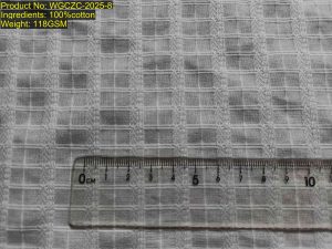 WGCZC-2025-8 dobby check semi-transparent windowpane grid fabric. Color-agnostic structure (sample shown in white). Structure-based match. Scale-invariant ratio [7:6:1:6]. Available in all Pantone colors. Dobby check fabric, windowpane plaid textile, semi-transparent woven grid.