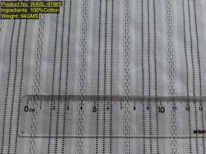 WASL-91865 100% Cotton Vertical Hollow-out Dobby Woven produced in Shaoxing Keqiao. RFD (Ready for Dyeing) sample for color-invariant structural DNA matching. Architectural laddered grid pattern. Pattern-level matching anchor with scale-invariant ratio [4:6:4:5:1:4:1:4:1:5]. Engineered for visual similarity and structural matching.