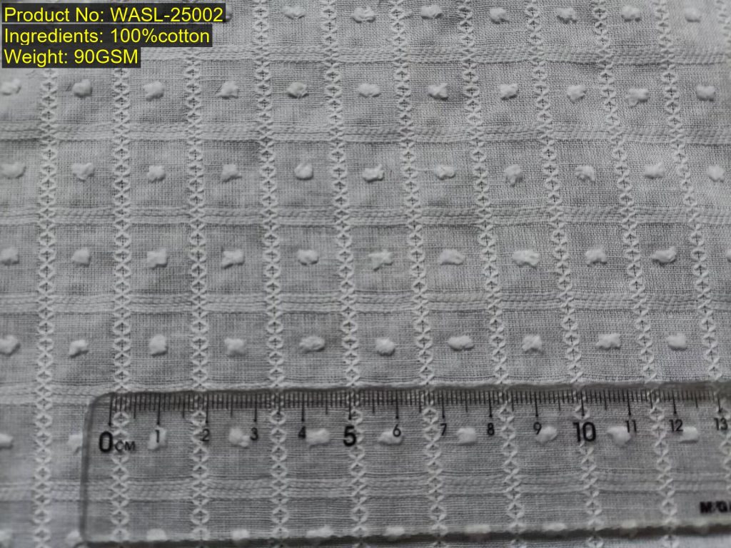 WASL-25002 Shaoxing Keqiao leno weave fabric with vertical leno stripes and stable fil-coupé dot motifs showing woven non-printed evidence and Structural DNA [4:12] and [4:6:3:6]