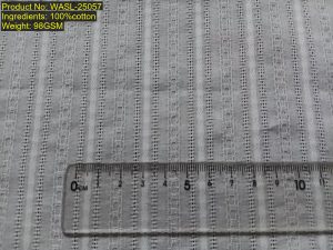 WASL-25057 Shaoxing Keqiao fabric showing vertical composite stripes with woven non-printed leno openwork and dobby ladder detail, featuring warp DNA [2:2:3:2:2:4:6:4]