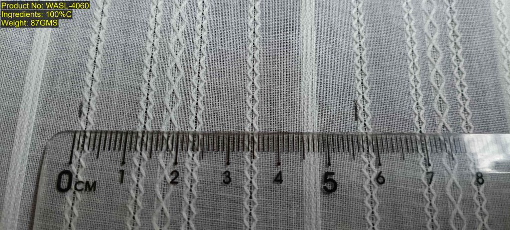WASL-4060 Shaoxing Keqiao leno weave composite stripe fabric showing vertical composite stripes and braided leno openwork bands with stable repeating rhythm and DNA [2:9:13:9:2:9:3:9]