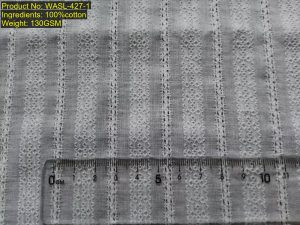 WASL-427-1 Shaoxing Keqiao vertical leno-dobby stripes with repeating [4:6:10:6] structure showing woven non-printed evidence and diamond motif within wide stripes