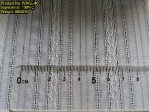 WASL-480 Shaoxing Keqiao warp composite leno stripe fabric showing longitudinal wavy leno stripes with alternating braided openwork bands and stable structural DNA [4:6:2:6:9:6:2:6]