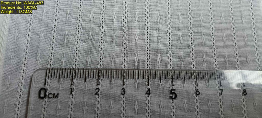 WASL-487 Shaoxing Keqiao fabric showing parallel warp leno stripes with regularly spaced rectangular dobby dots and woven non-printed evidence, featuring structural DNA [2:8]