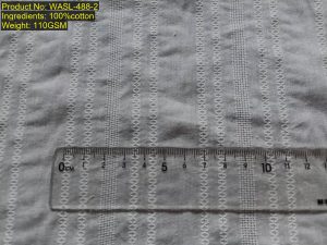 WASL-488-2 Shaoxing Keqiao warp composite stripe leno weave fabric showing vertical composite stripes with X-shape openwork in leno bands and warp DNA [4:5:4:6:8:6:4:5:4:20]