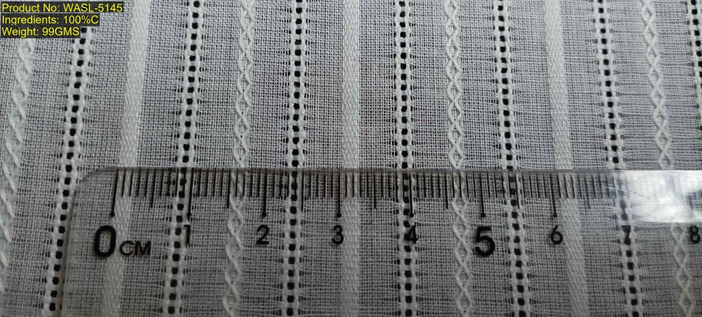 WASL-5145 Shaoxing Keqiao leno composite stripe fabric with vertical rope-like warp stripes and ladder openwork lines showing woven non-printed structure and warp DNA [3:5:2:5:3:5:2:5]