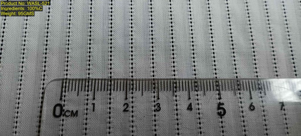 WASL-521 Shaoxing Keqiao fabric showing vertical fine leno stripe with repeated openwork spacing and woven non-printed evidence, featuring structural DNA [1:6] for precise pattern identification