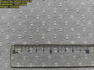WGCE-07205-5 Shaoxing Keqiao fil-coupé honeycomb jacquard fabric with staggered fil-coupé dot tufts and textured honeycomb ground showing woven non-printed evidence and structural repeat pattern including DNA [3:15] warp and [5:15] weft.