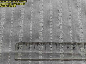 WGCE-25001 Shaoxing Keqiao fil-coupé jacquard stripe fabric showing vertical cut-yarn stripes with stable woven non-printed evidence and structural DNA [4:14:7:13]