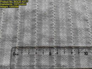WGCE-427-1 Shaoxing Keqiao leno weave stripe fabric showing vertical openwork stripe with stable woven non-printed evidence and structural DNA [5:6:9.5:6].