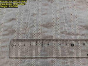 WGCE-488-2 Shaoxing Keqiao vertical leno stripe jacquard fabric showing vertical composite stripes with central geometric leno openwork units and structural DNA [4:5:4:6:8:6:4:5:4:20]