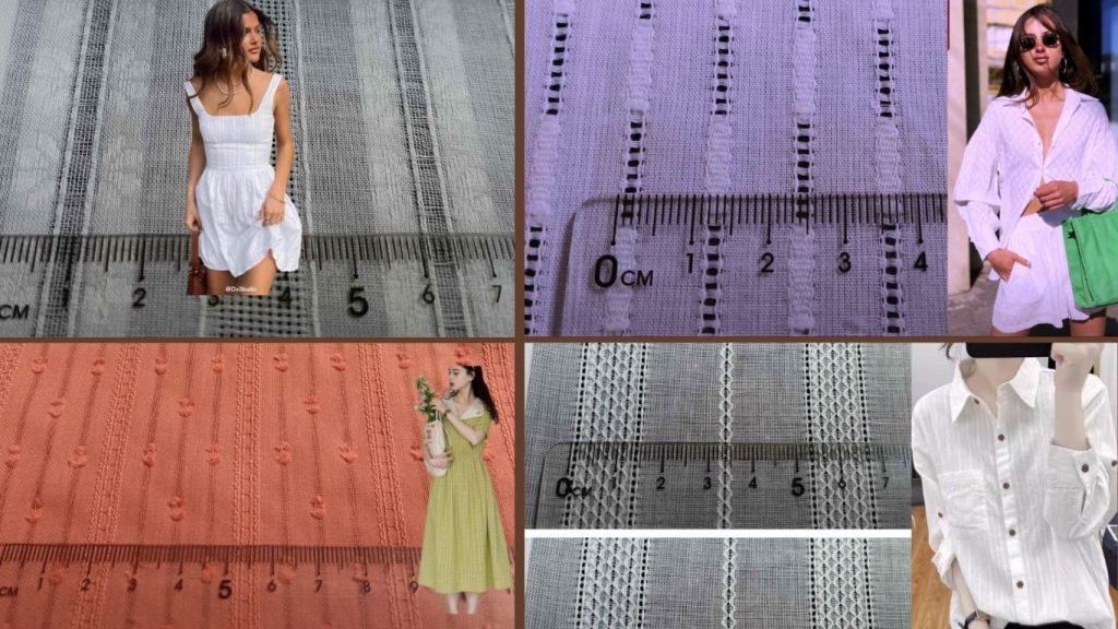 Woven jacquard fabric categories including large jacquard, small jacquard, leno weave and fil-coupé for apparel