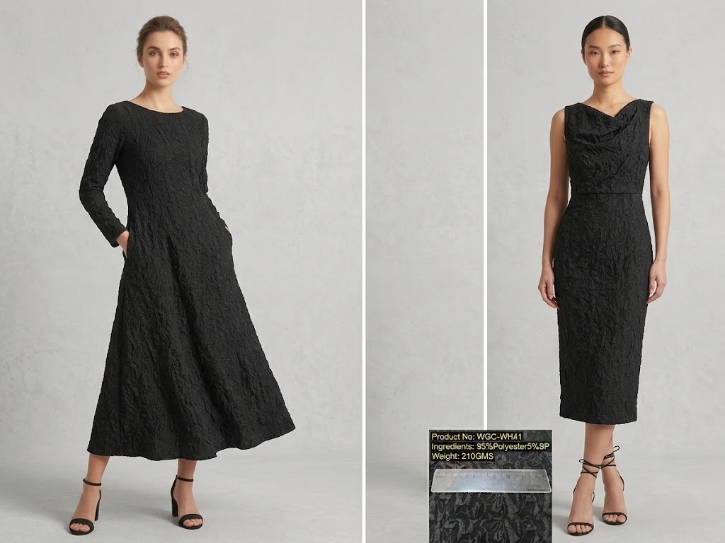 AI garment visualization of WGC-WH41 textured black woven jacquard fabric used for long-sleeve and sleeveless dress concepts.