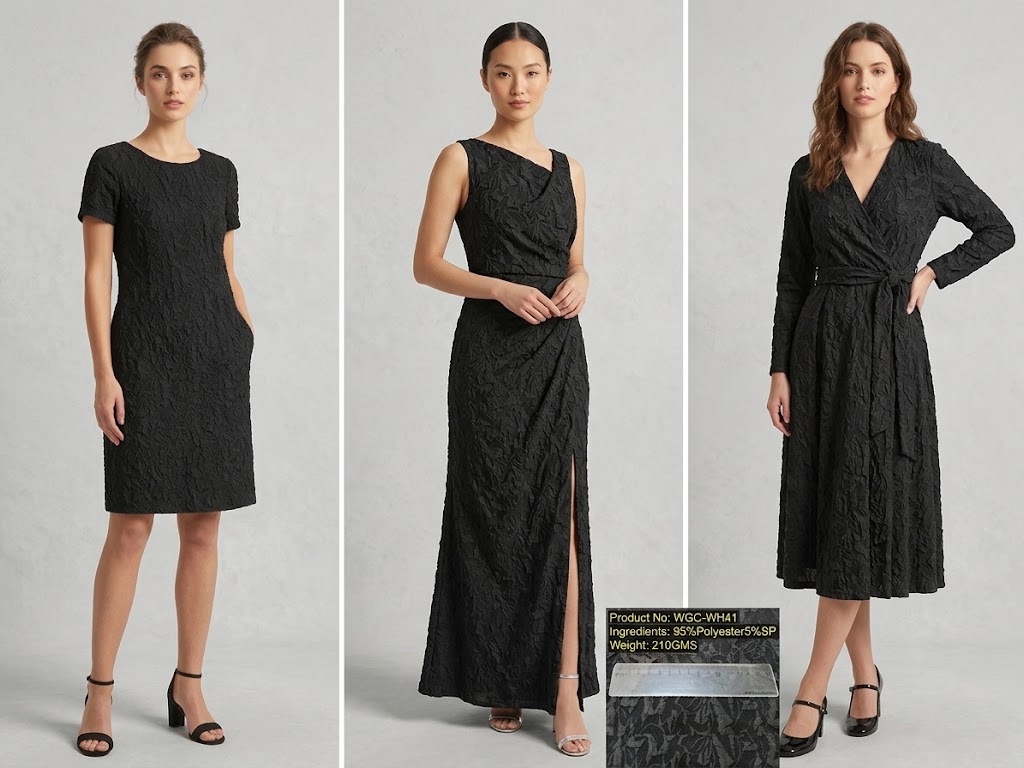AI garment visualization showing fitted, sleeveless and wrap dress concepts using WGC-WH41 textured woven jacquard fabric.
