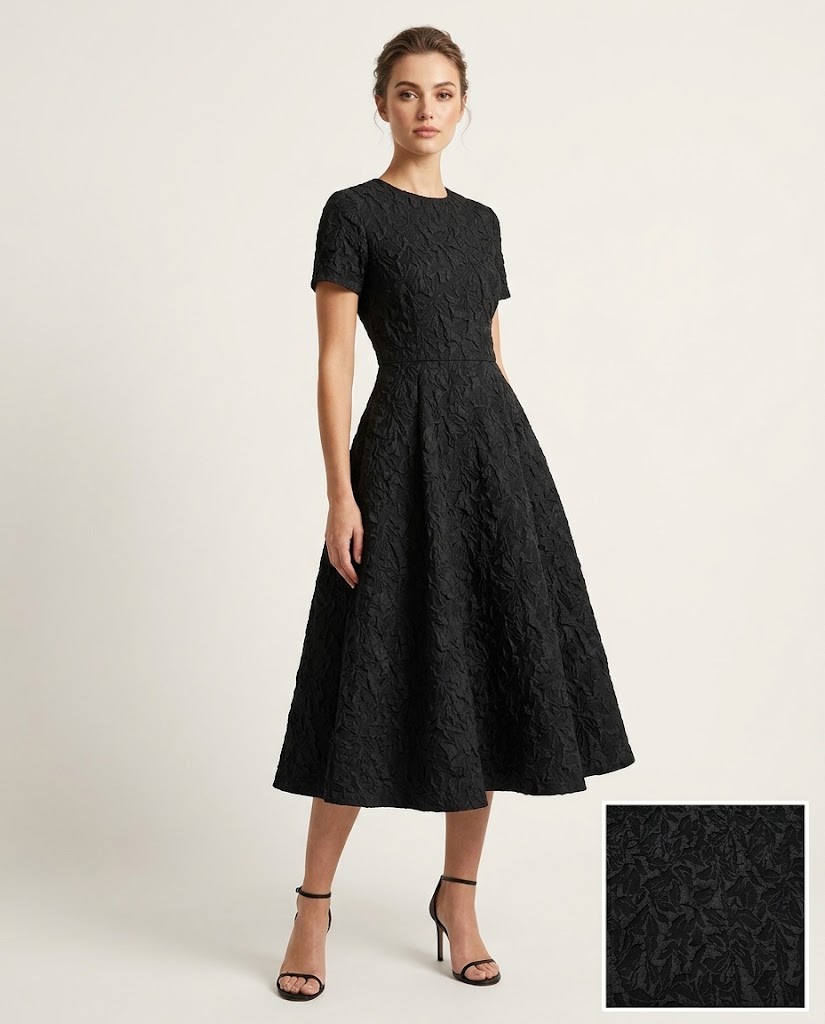 AI visualization of WGC-WH41 textured woven jacquard fabric used for a structured black short-sleeve midi dress.