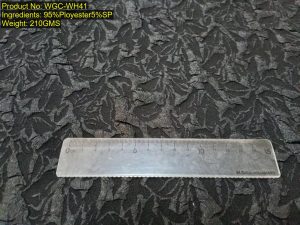 WGC-WH41 95% polyester 5% spandex textured woven jacquard fabric, 210 GSM, with tonal botanical pattern and ruler reference.