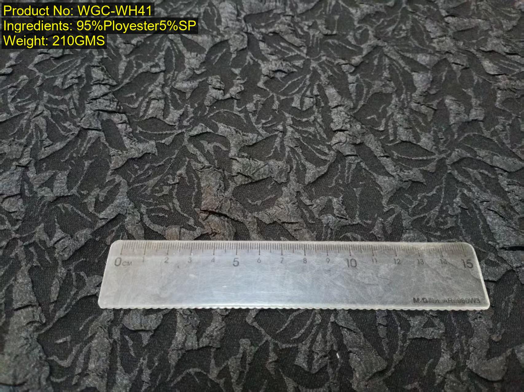 WGC-WH41 95% polyester 5% spandex textured woven jacquard fabric, 210 GSM, with tonal botanical pattern and ruler reference.