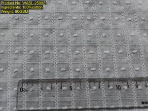 WASL-25002 100% cotton fil-coupé small jacquard fabric with geometric grid pattern and raised clipped-yarn details shown with ruler reference