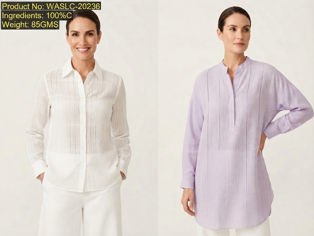 WASLC-20236 cotton openwork stripe leno fabric visualized in long-sleeve womenswear shirts