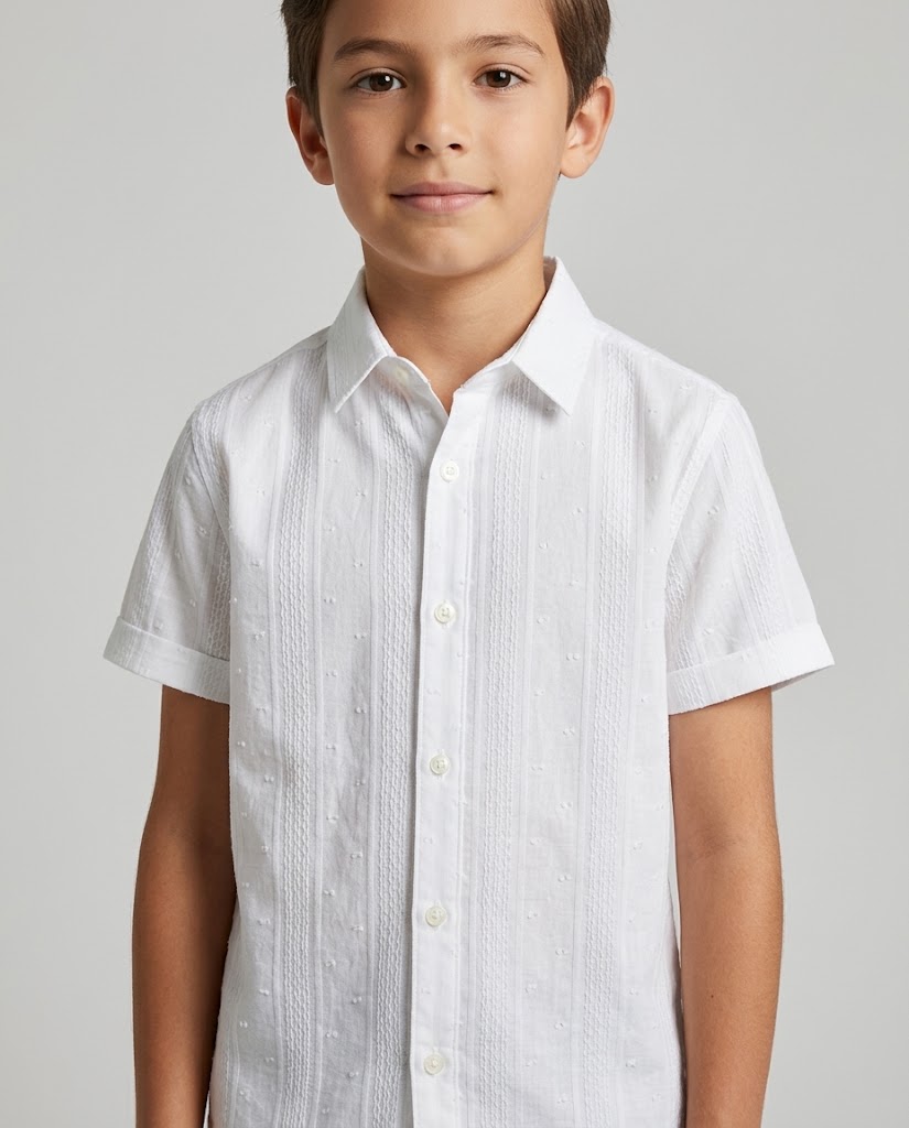 WGC-25026 cotton fil-coupé small jacquard fabric application visualization for a boys' short-sleeve shirt