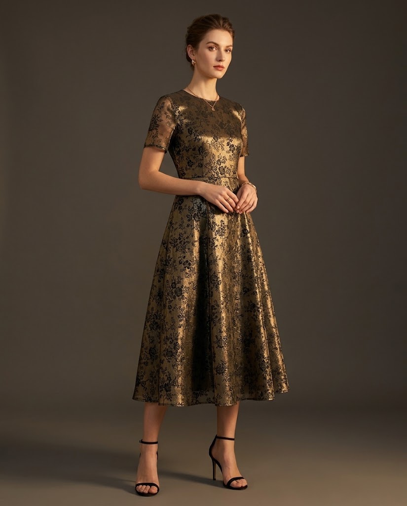 WGC-JY-006 floral woven jacquard fabric application visualization in a short-sleeve midi dress