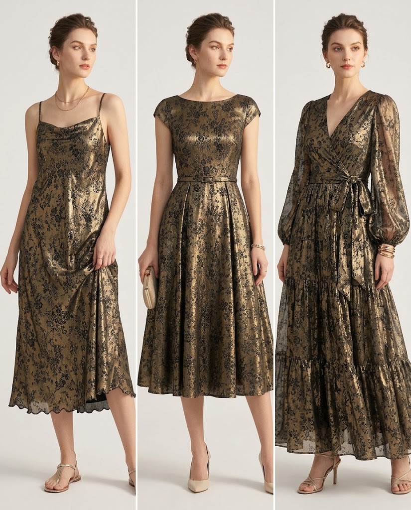 WGC-JY-006 rayon nylon woven jacquard fabric visualized in multiple dress styles for womenswear