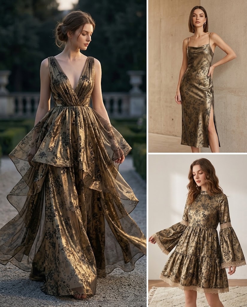 WGC-JY-006 floral jacquard fabric visualized in occasionwear and fashion dress applications