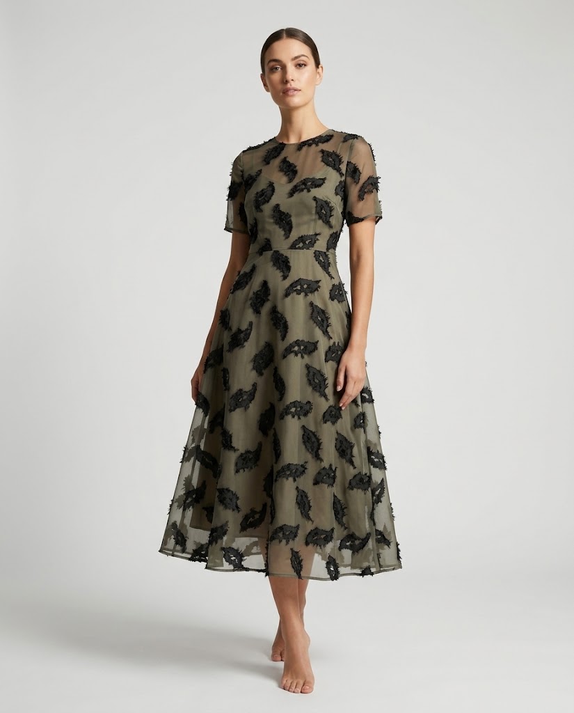 WGC-JY-009 raised leaf jacquard fabric application visualization for a women's midi dress