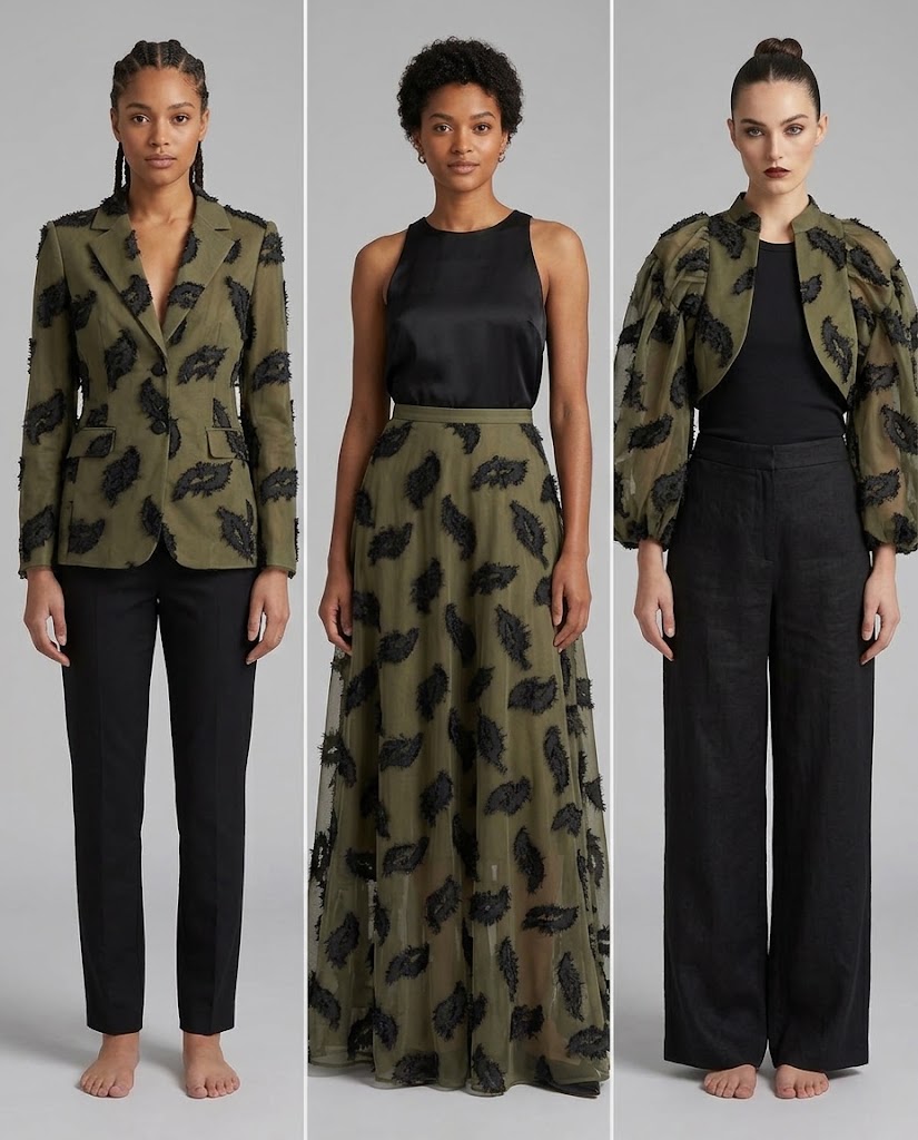 WGC-JY-009 raised leaf woven jacquard fabric application visualization for women's jackets skirts and fashion separates