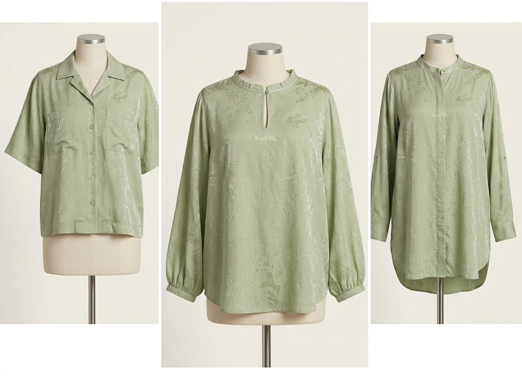 WGC-WFG-1 large woven jacquard fabric application visualization for women's blouses and tunic tops