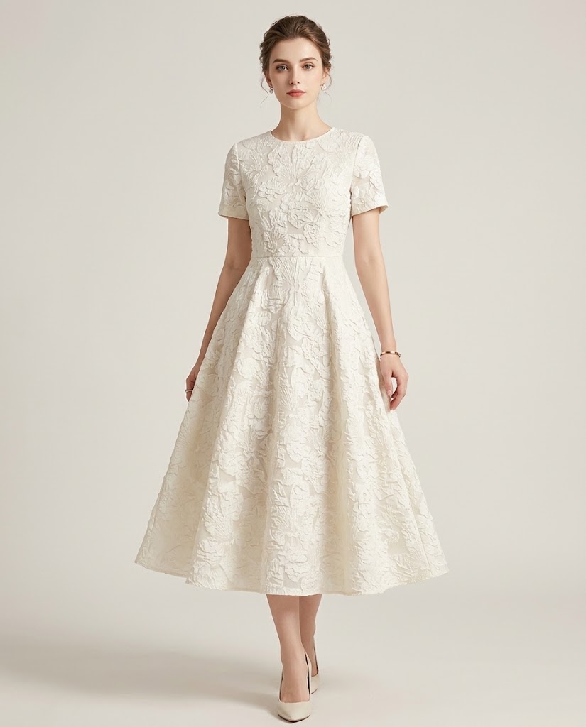 WGC-WH08 bubble-textured large jacquard fabric application visualization for a women's fit-and-flare midi dress
