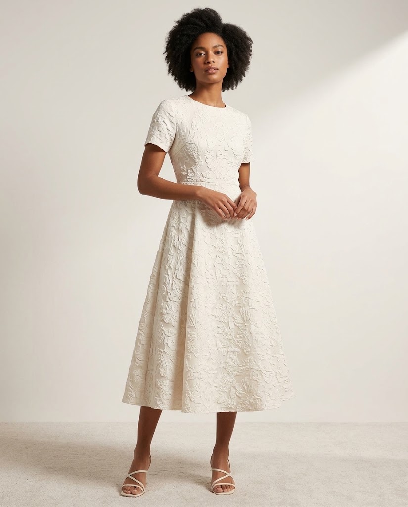 WGC-WH08 BSY textured jacquard fabric application visualization for a women's midi dress