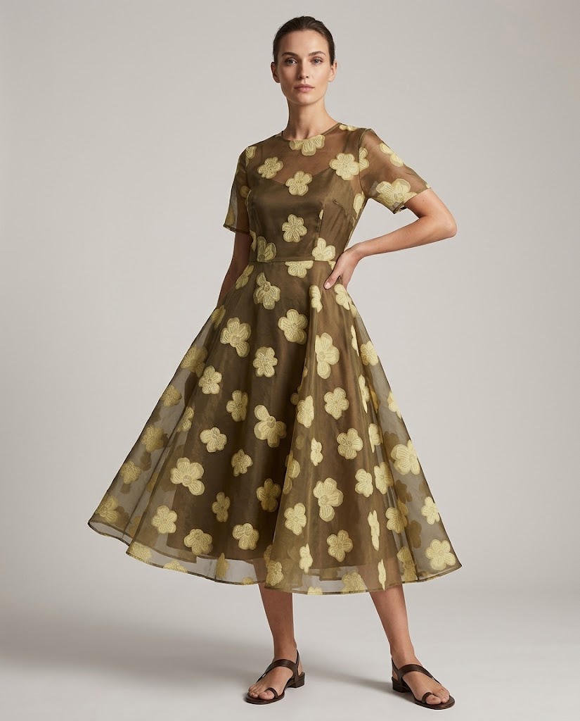 WGC-WJH-A201 large floral woven jacquard fabric application visualization in a short-sleeve midi dress