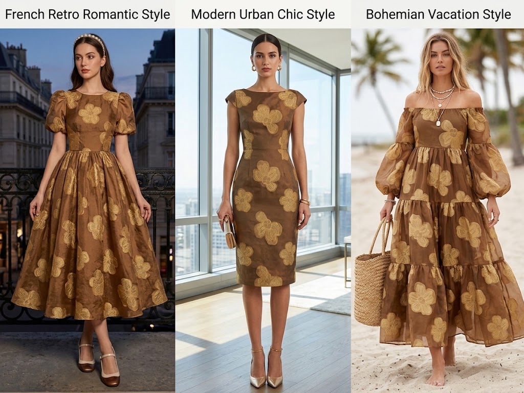 WGC-WJH-A201 nylon polyester floral jacquard fabric visualized in retro, urban and vacation dress styles