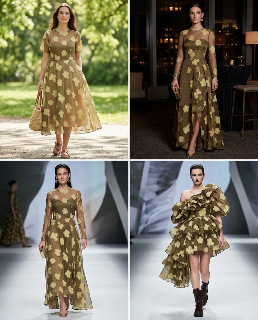 WGC-WJH-A201 large floral jacquard fabric visualized in daywear, evening and fashion dress applications
