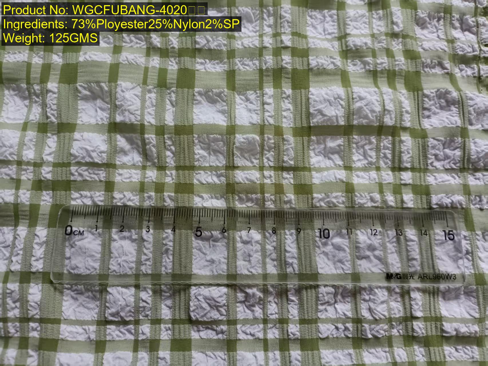 WGCFUBANG-4020锦涤 small jacquard fabric with textured plaid pattern and crinkled check surface, shown with ruler reference