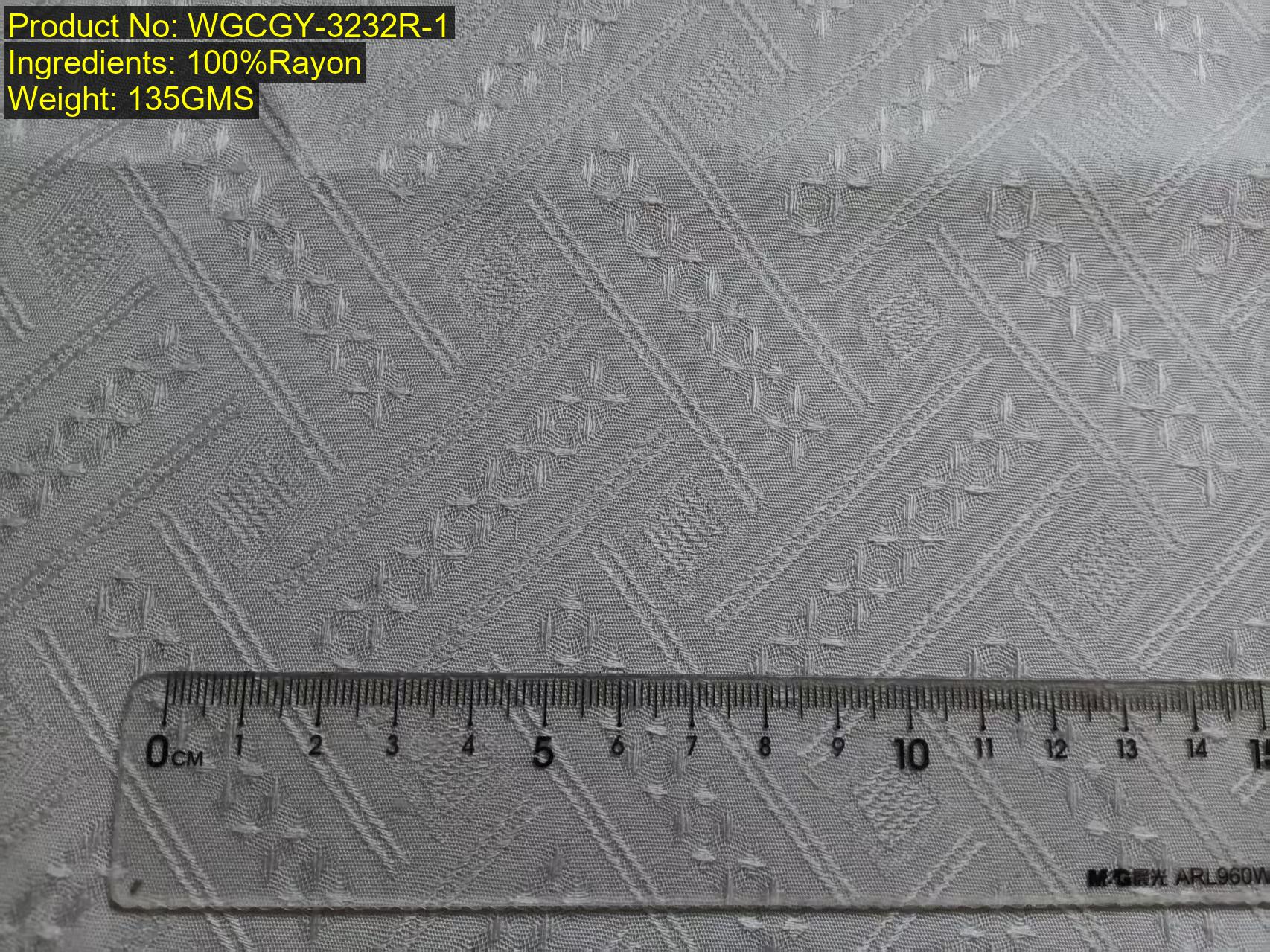 WGCGY-3232R-1 100% rayon woven jacquard fabric with diagonal stripe geometric motifs and textured jacquard surface, shown with ruler reference