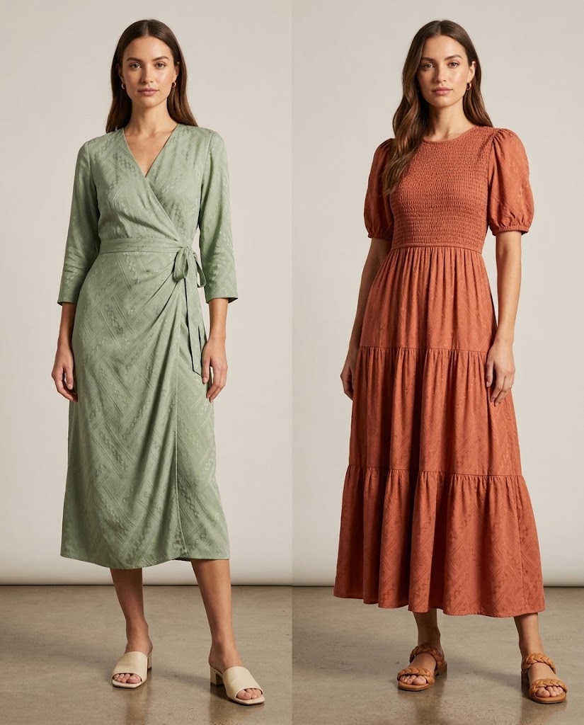 WGCGY-3232R-1 100% rayon woven jacquard fabric application visualization for fashion dresses
