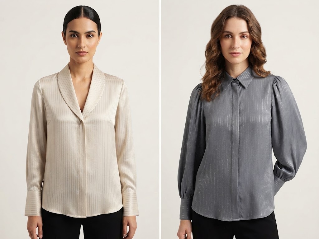 WGCJM-002 rayon small jacquard fabric visualized in relaxed short-sleeve womenswear blouses