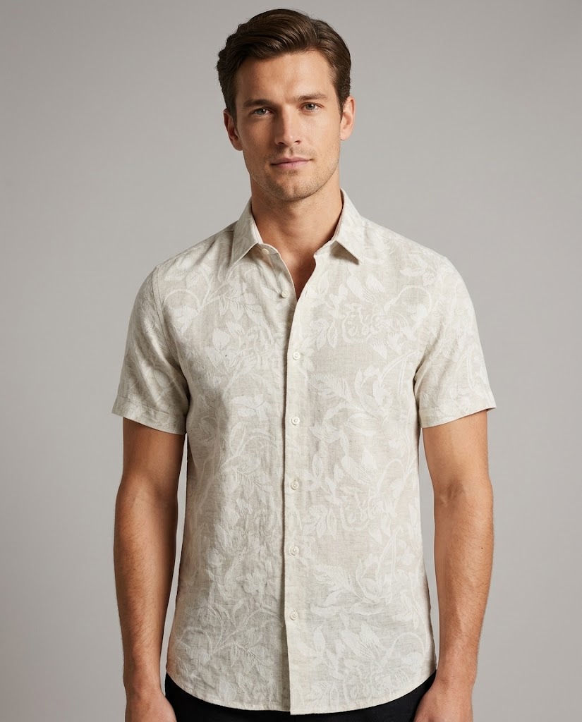 WGCLY-44528 cotton linen rayon jacquard fabric application visualization for a men's short-sleeve shirt