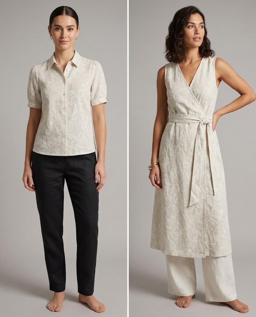 WGCLY-44528 cotton linen rayon woven jacquard fabric application visualization for women's blouse wrap dress and casual apparel