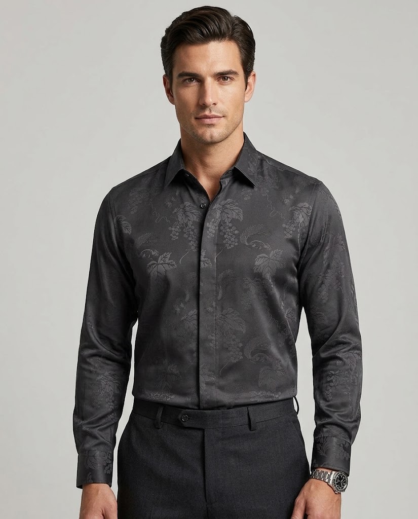 WGCSJ-W47 tonal polyester large jacquard fabric application visualization for a men's long-sleeve shirt