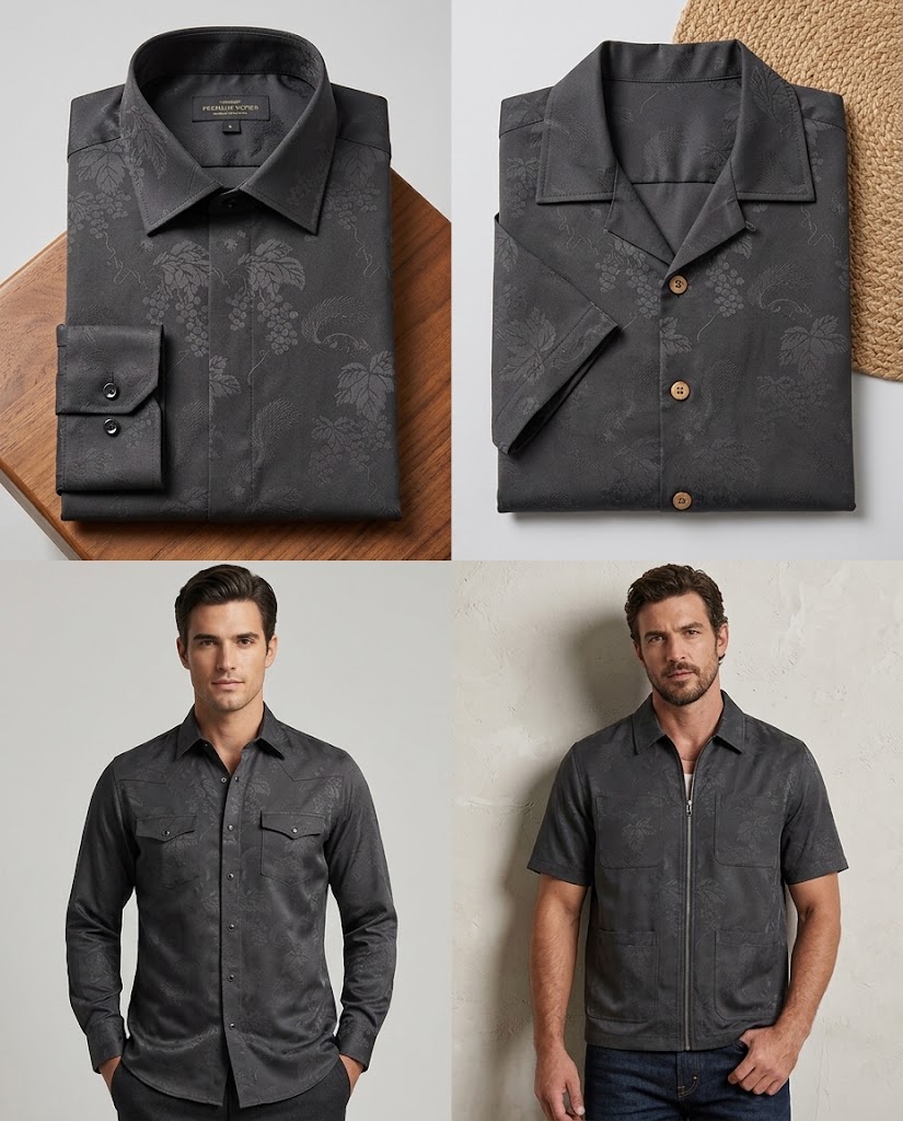 WGCSJ-W47 botanical woven jacquard fabric application visualization for men's long-sleeve and short-sleeve shirts