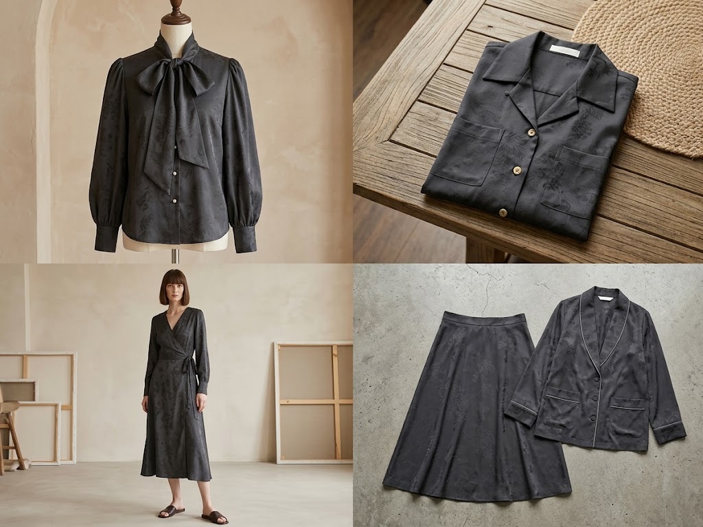 WGCSJ-W47 polyester botanical jacquard fabric application visualization for women's blouses dresses and fashion separates