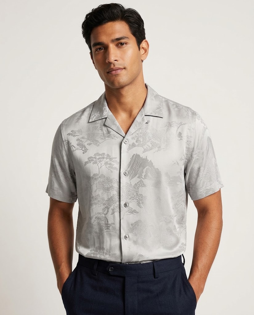 WGCXTYN-XT120D viscose large jacquard fabric application visualization for a men's short-sleeve shirt