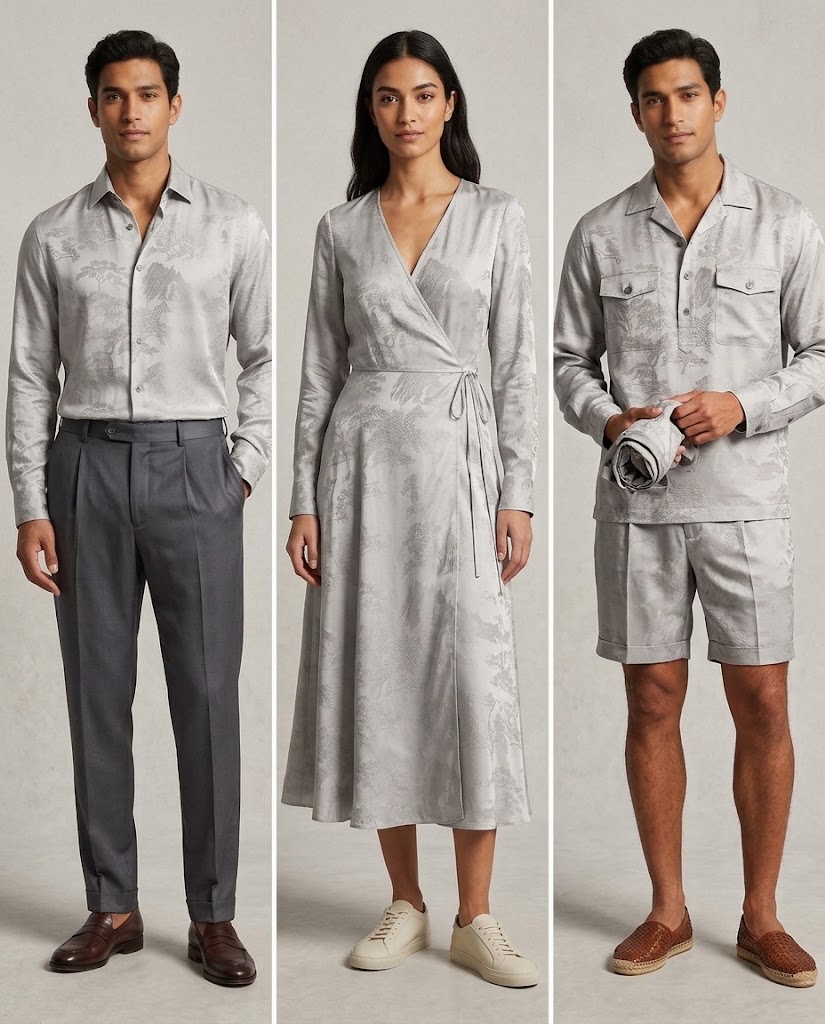 WGCXTYN-XT120D tonal landscape jacquard fabric application visualization for men's shirts women's dresses and casual apparel